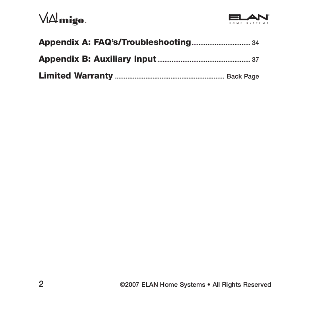 ELAN Home Systems VIA!migo manual Appendix a FAQ’s/Troubleshooting 