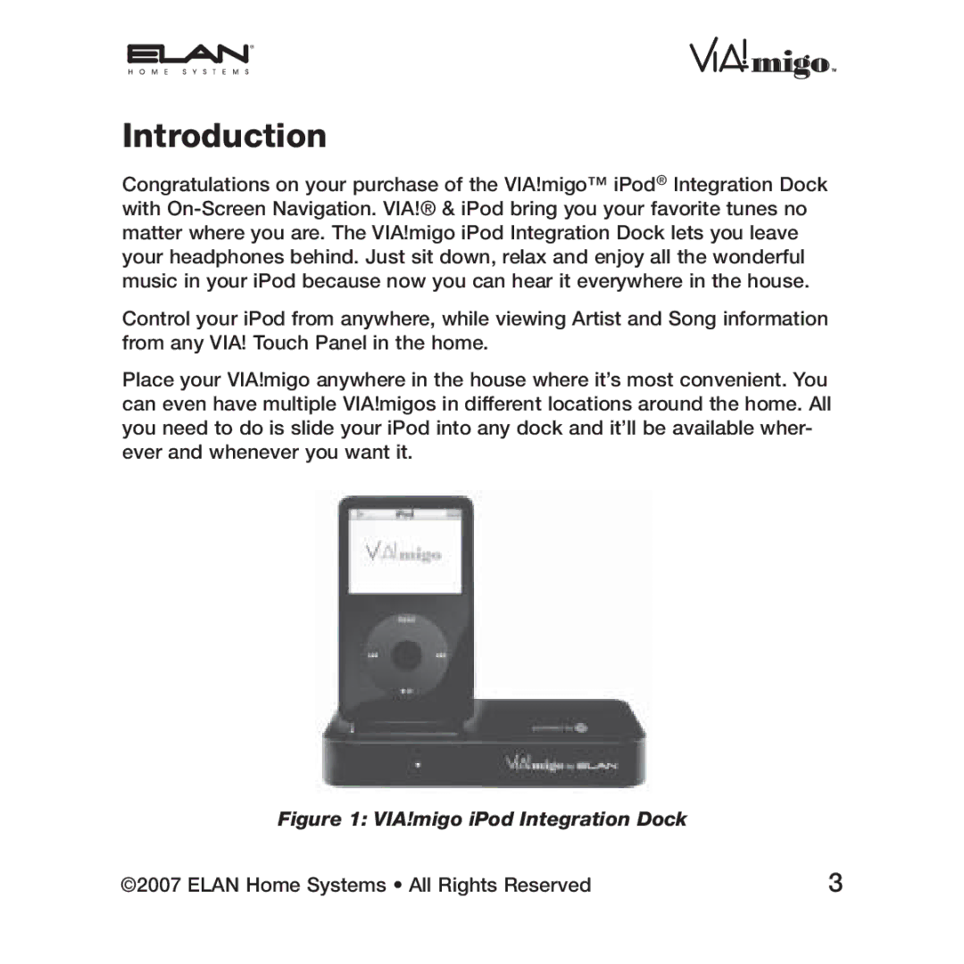 ELAN Home Systems manual Introduction, VIA!migo iPod Integration Dock 