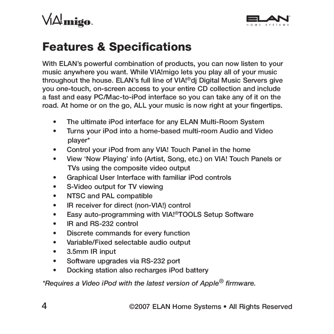 ELAN Home Systems VIA!migo manual Features & Speciﬁcations 