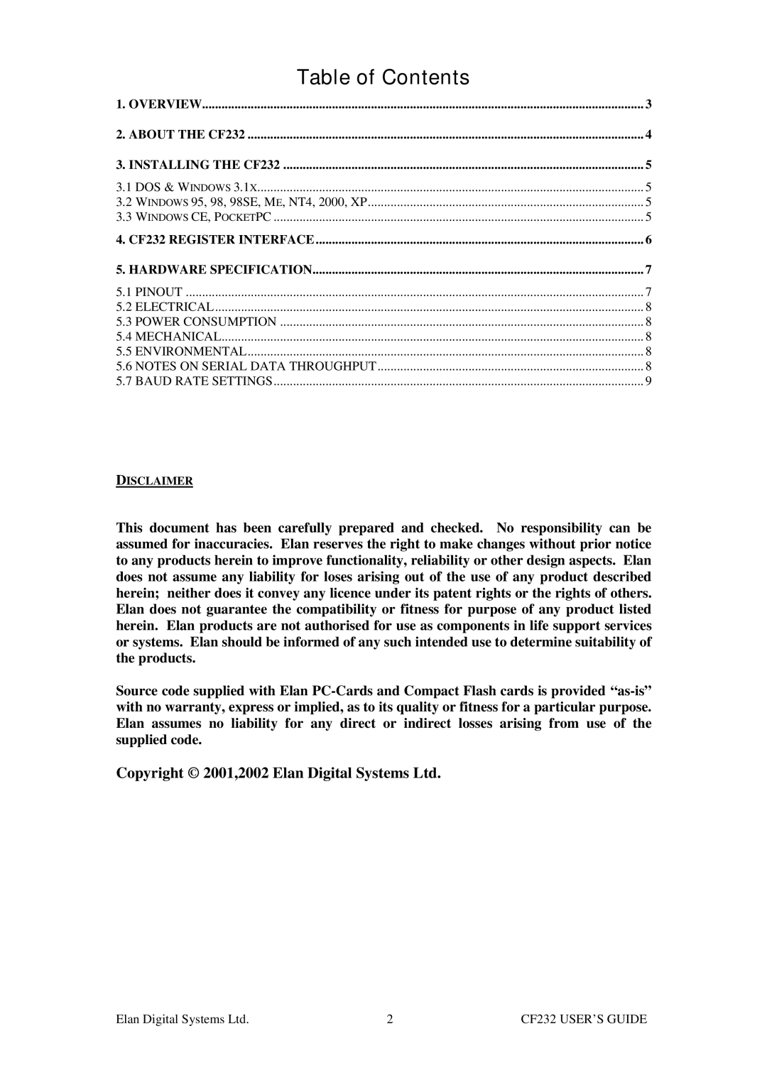 ELANsat Tech CF232-5 manual Table of Contents 