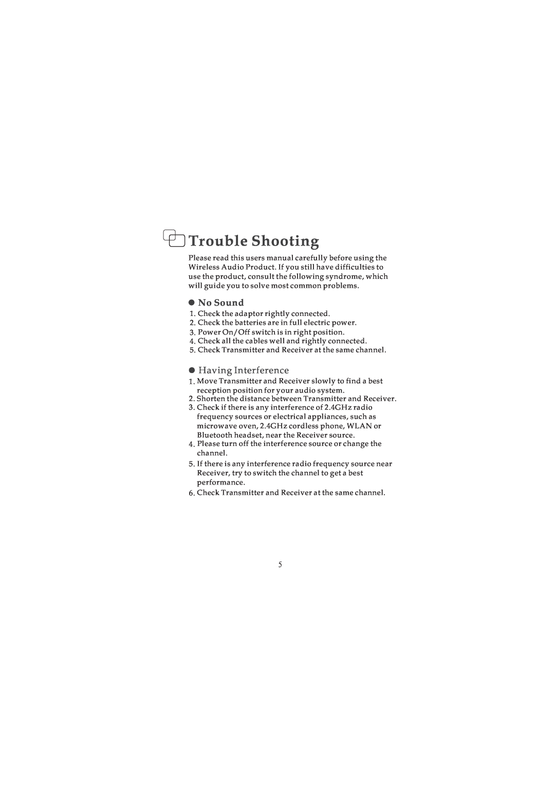ELANsat Tech Wireless Digital Audio manual Trouble Shooting, No Sound, Having Interference 