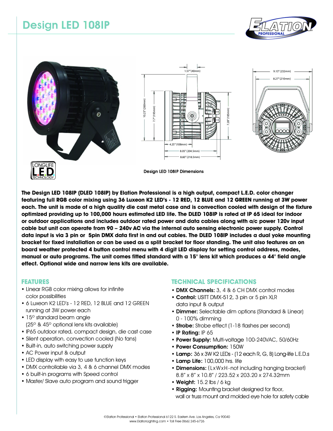 Elation Professional technical specifications Design LED 108IP, Features, Technical Specifications 