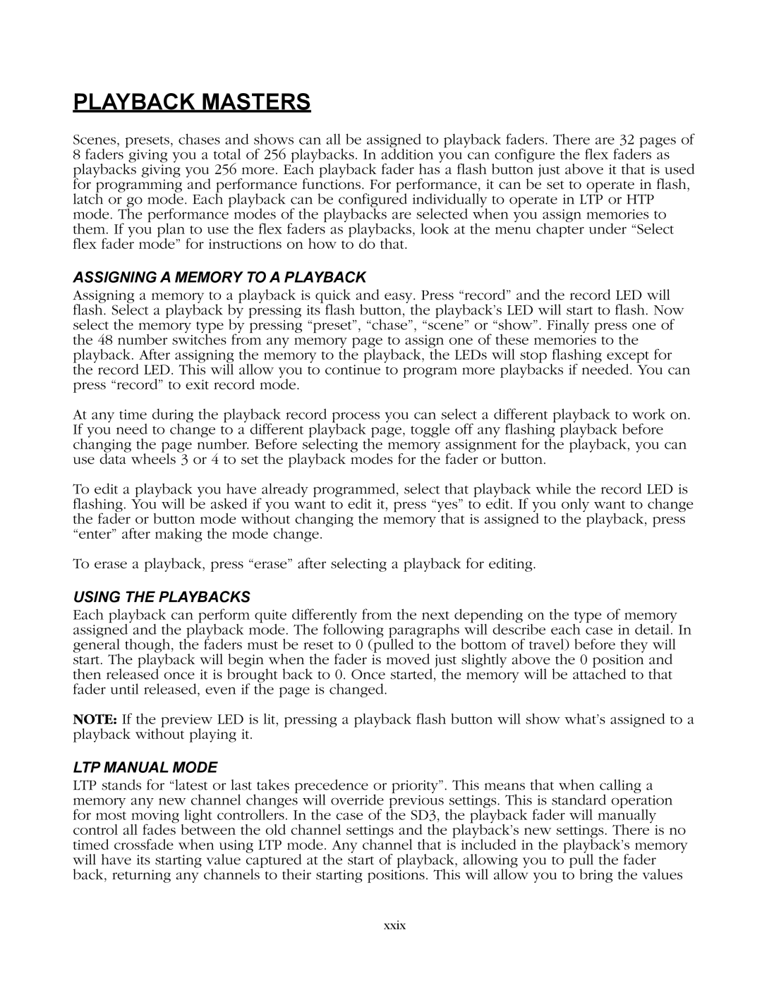 Elation Professional 1.15 manual Playback Masters, Assigning a Memory to a Playback, Using the Playbacks, LTP Manual Mode 