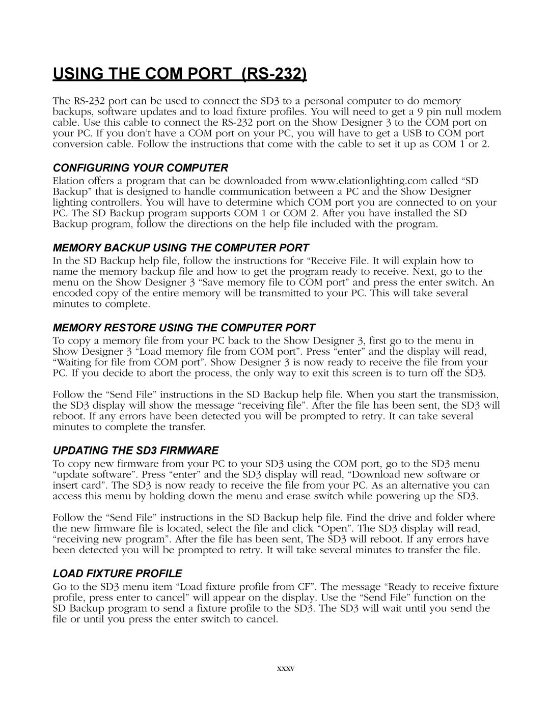 Elation Professional 1.15 Using the COM Port RS-232, Memory Restore Using the Computer Port, Updating the SD3 Firmware 