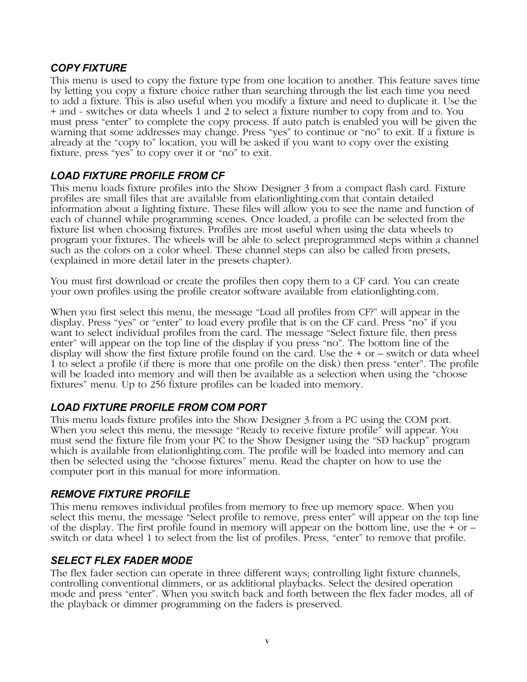 Elation Professional 1.15 manual Copy Fixture, Load Fixture Profile from CF, Load Fixture Profile from COM Port 