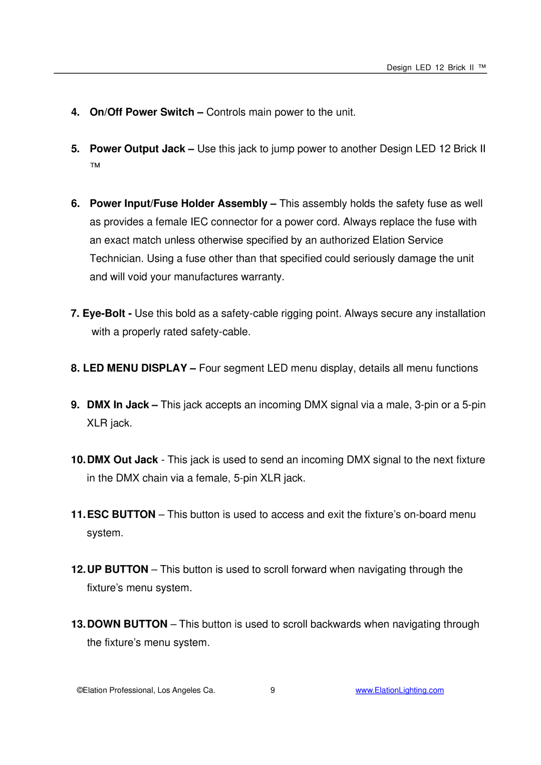 Elation Professional 12 Brick II manual Design LED 12 Brick 
