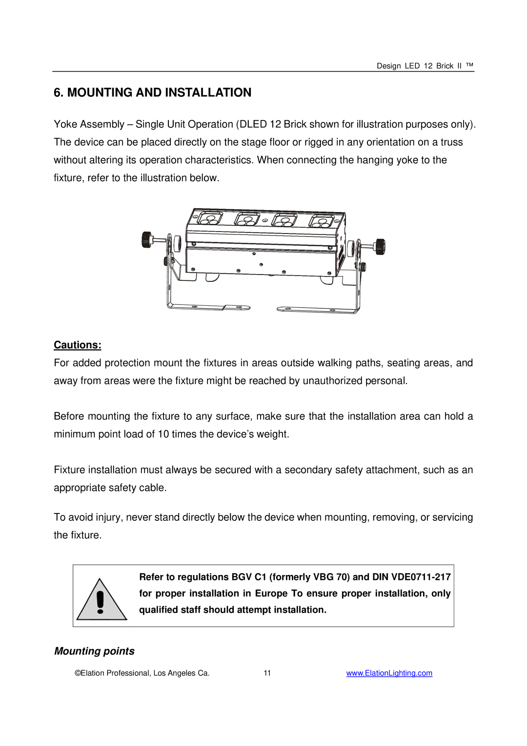 Elation Professional 12 Brick II manual Mounting and Installation, Mounting points 