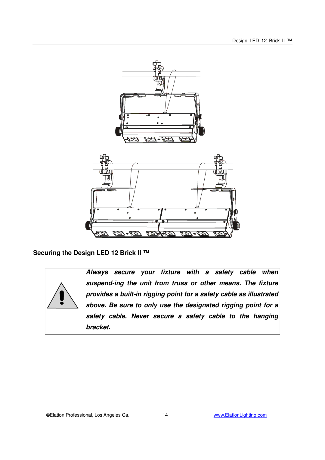 Elation Professional 12 Brick II manual Securing the Design LED 12 Brick 