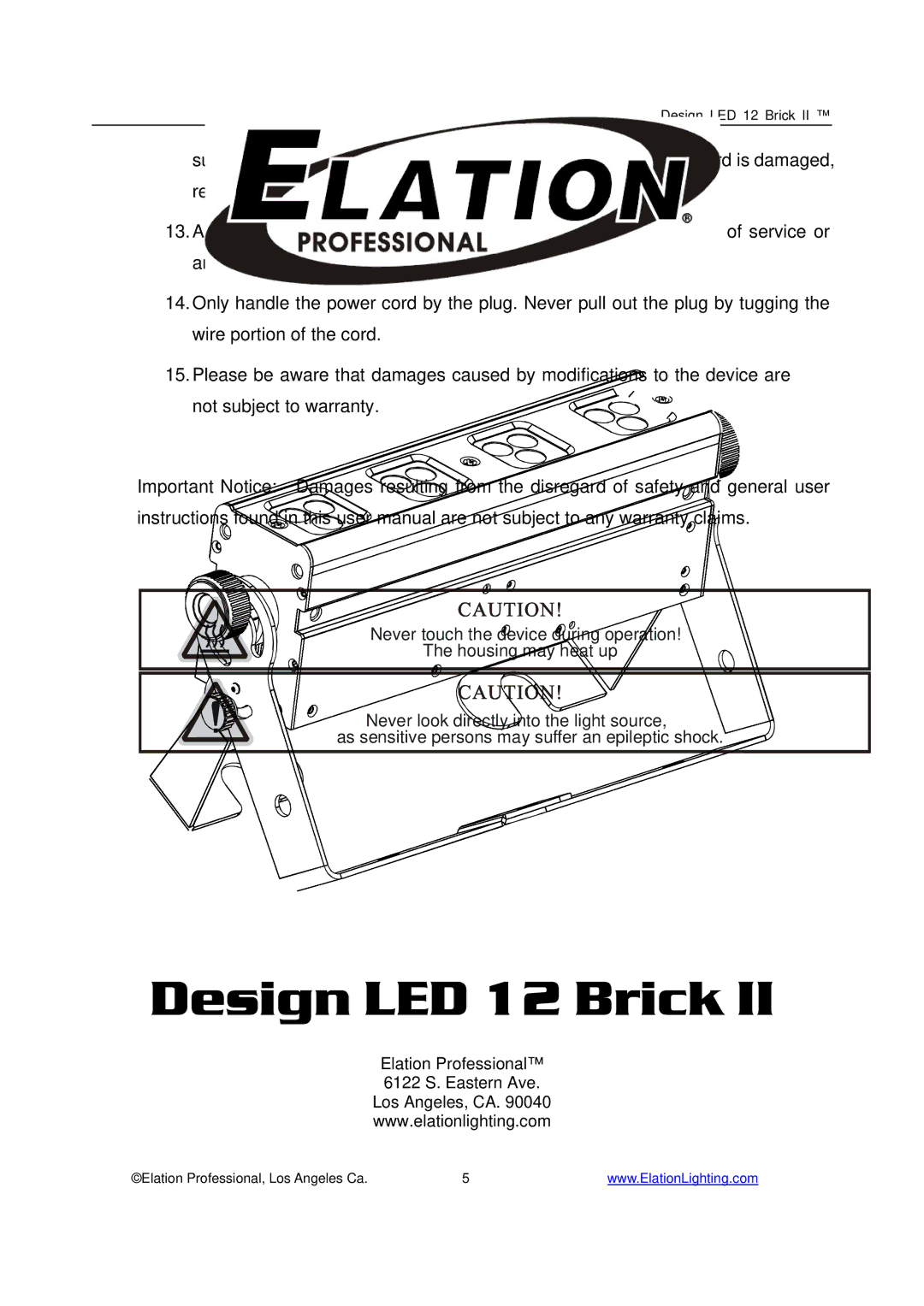 Elation Professional 12 Brick II manual Design LED 12 Brick 