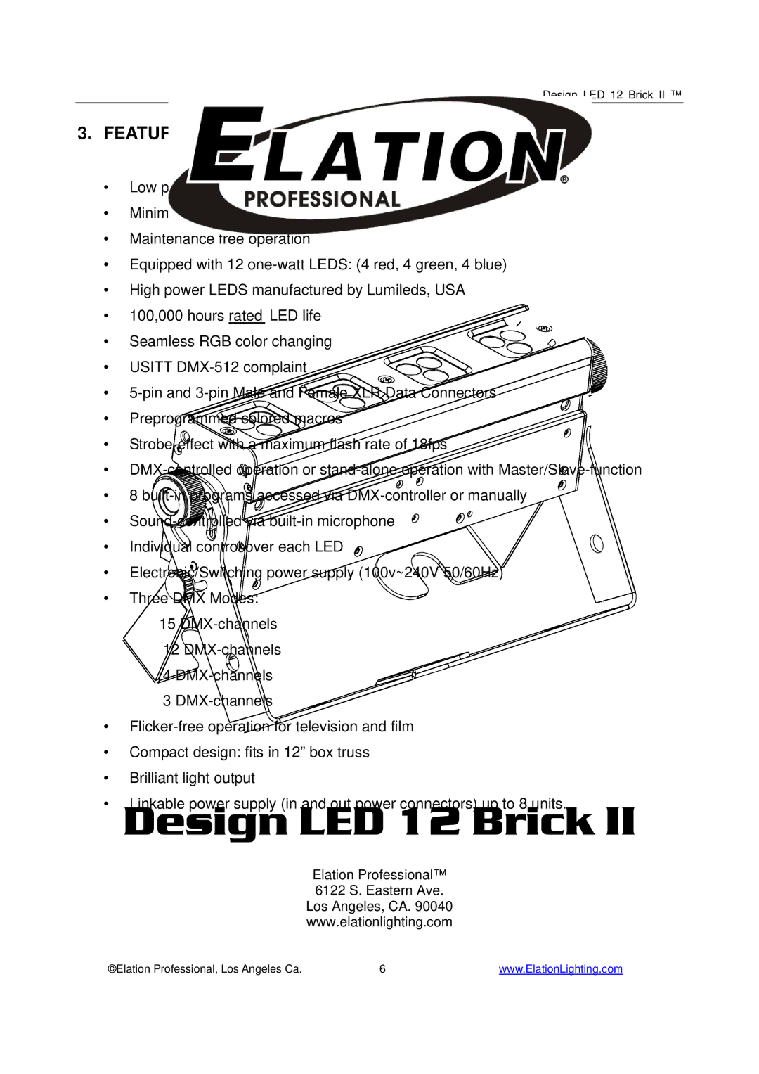 Elation Professional 12 Brick II manual Features 