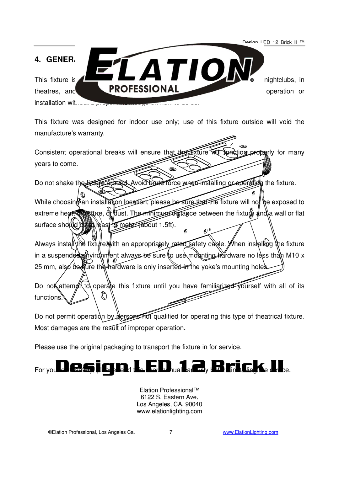 Elation Professional 12 Brick II manual General Guidelines 