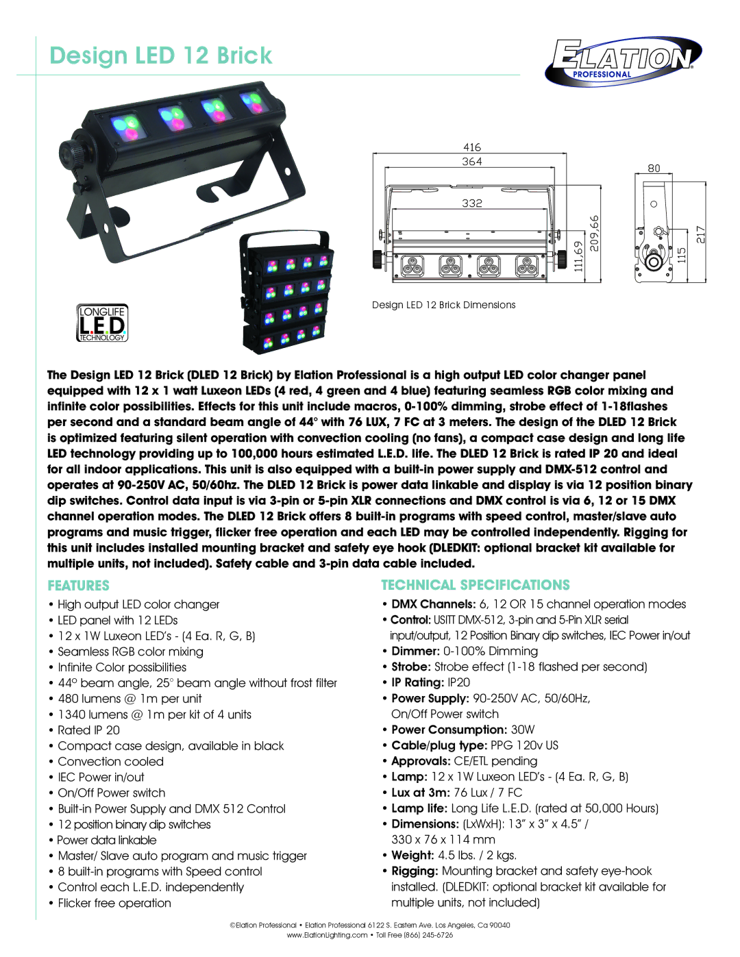 Elation Professional technical specifications Design LED 12 Brick, Features Technical Specifications 