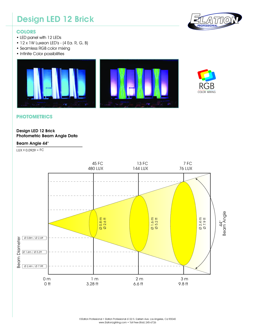 Elation Professional 12 Brick technical specifications Colors, Photometrics 