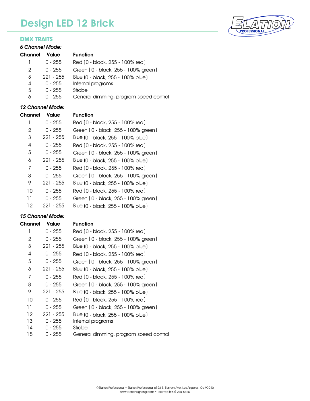 Elation Professional 12 Brick technical specifications DMX Traits, Channel Mode 