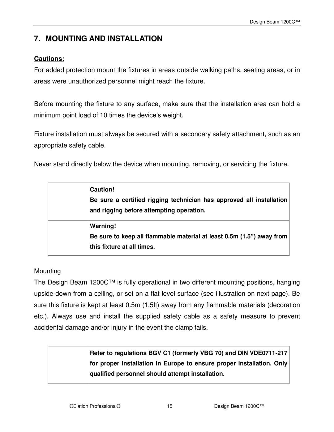 Elation Professional 1200C manual Mounting and Installation 