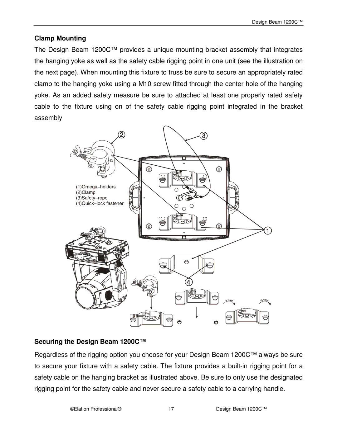 Elation Professional manual Clamp Mounting, Securing the Design Beam 1200C 