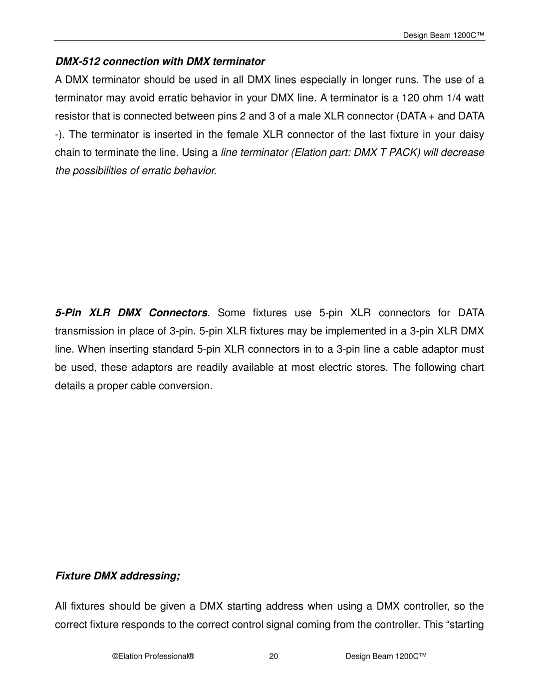 Elation Professional 1200C manual DMX-512 connection with DMX terminator, Fixture DMX addressing 