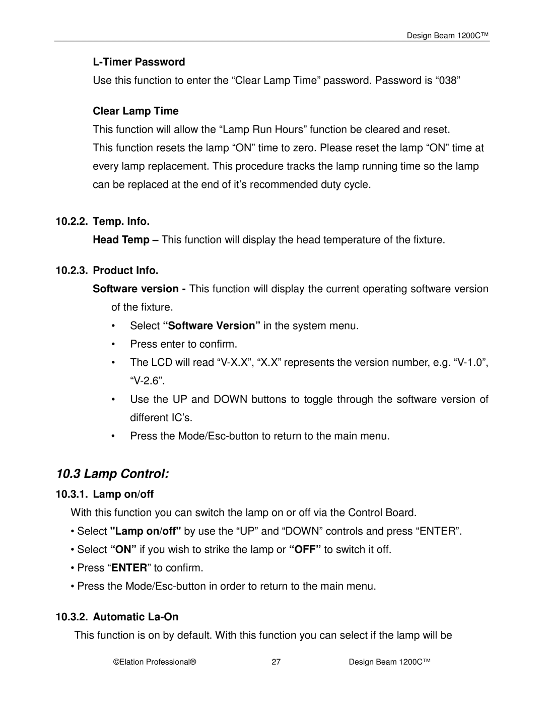 Elation Professional 1200C manual Clear Lamp Time, Temp. Info, Product Info, Lamp on/off, Automatic La-On 