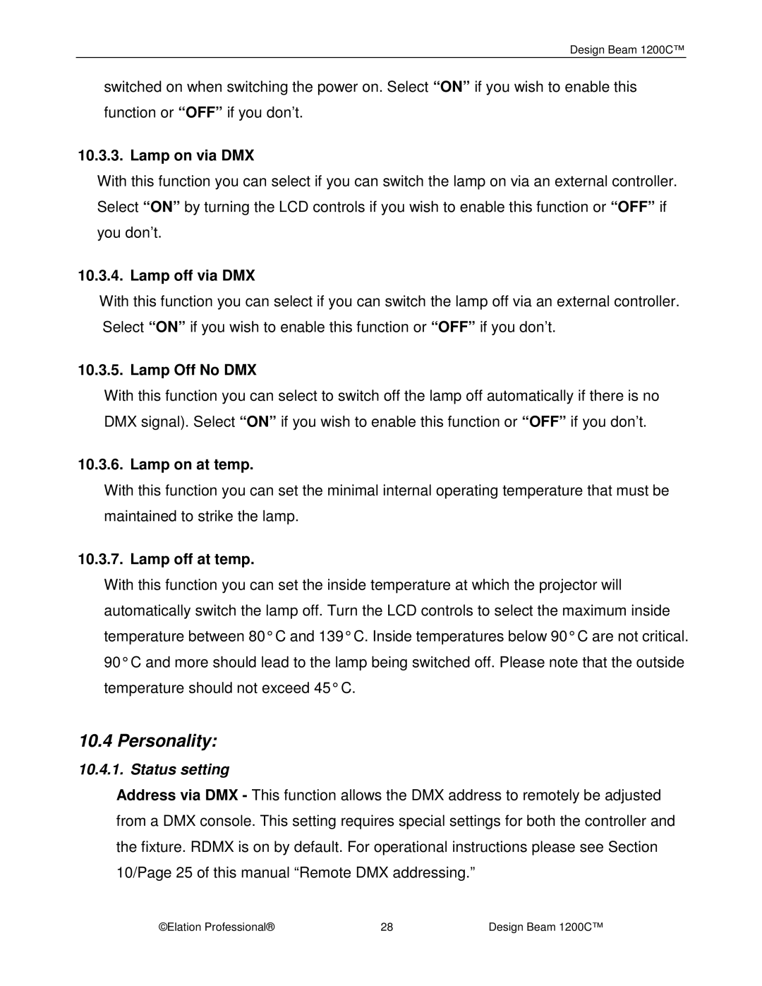 Elation Professional 1200C manual Status setting 