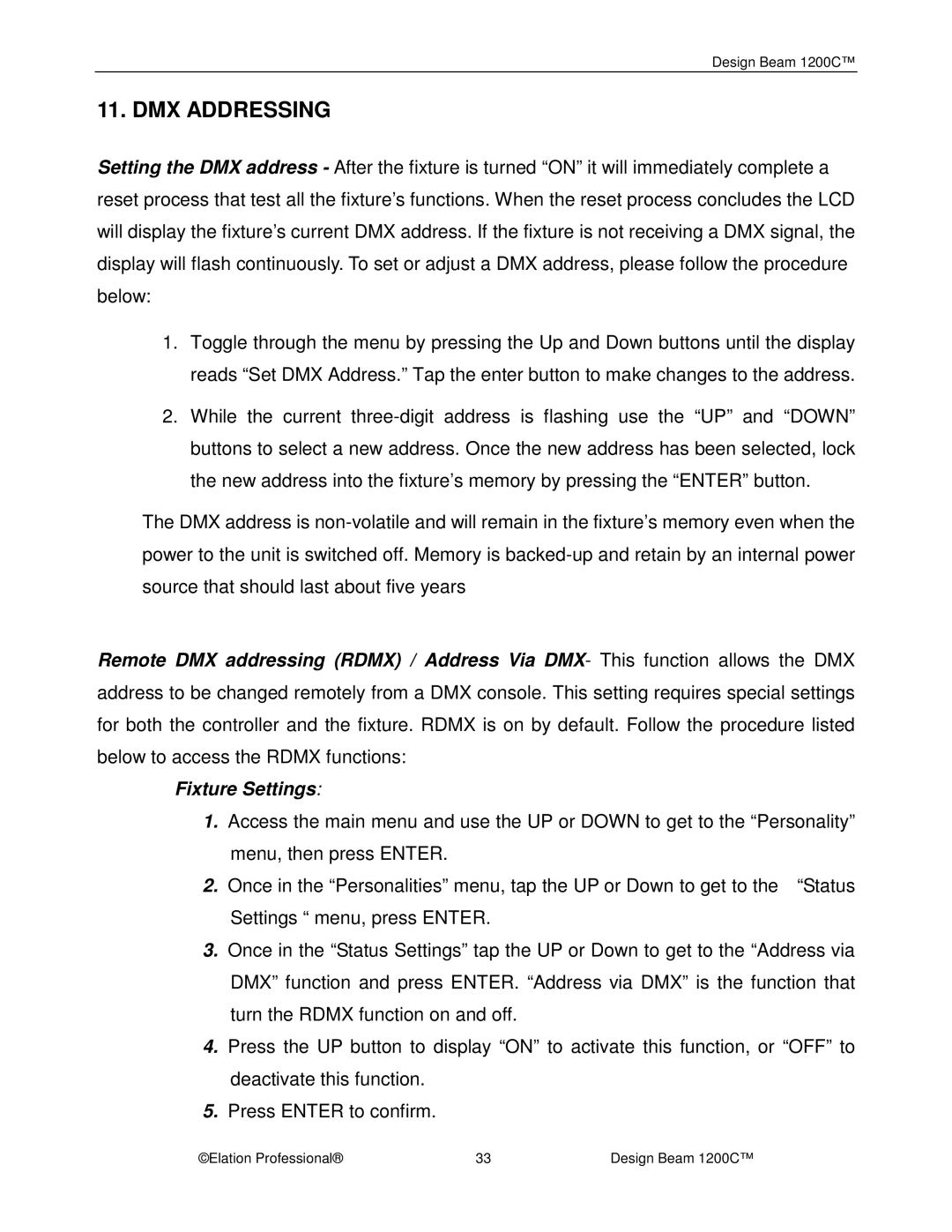 Elation Professional 1200C manual DMX Addressing 