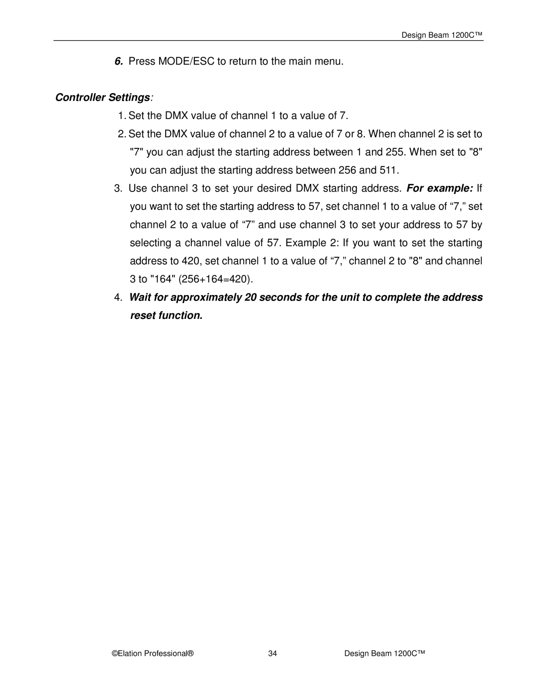 Elation Professional 1200C manual Controller Settings 