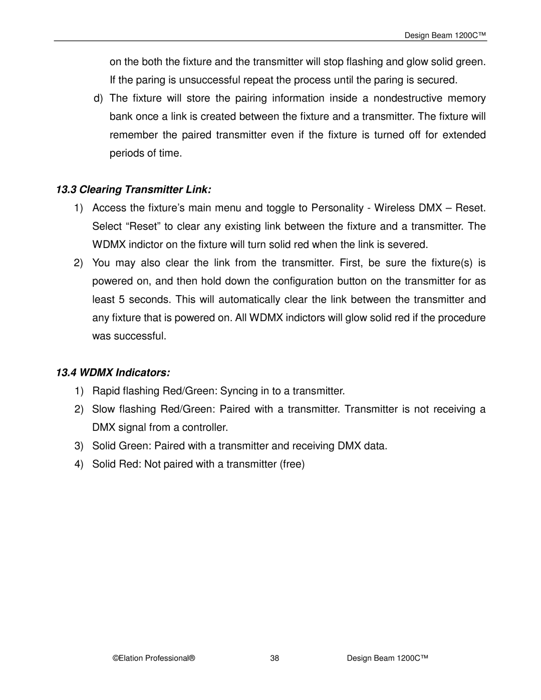 Elation Professional 1200C manual Clearing Transmitter Link, Wdmx Indicators 