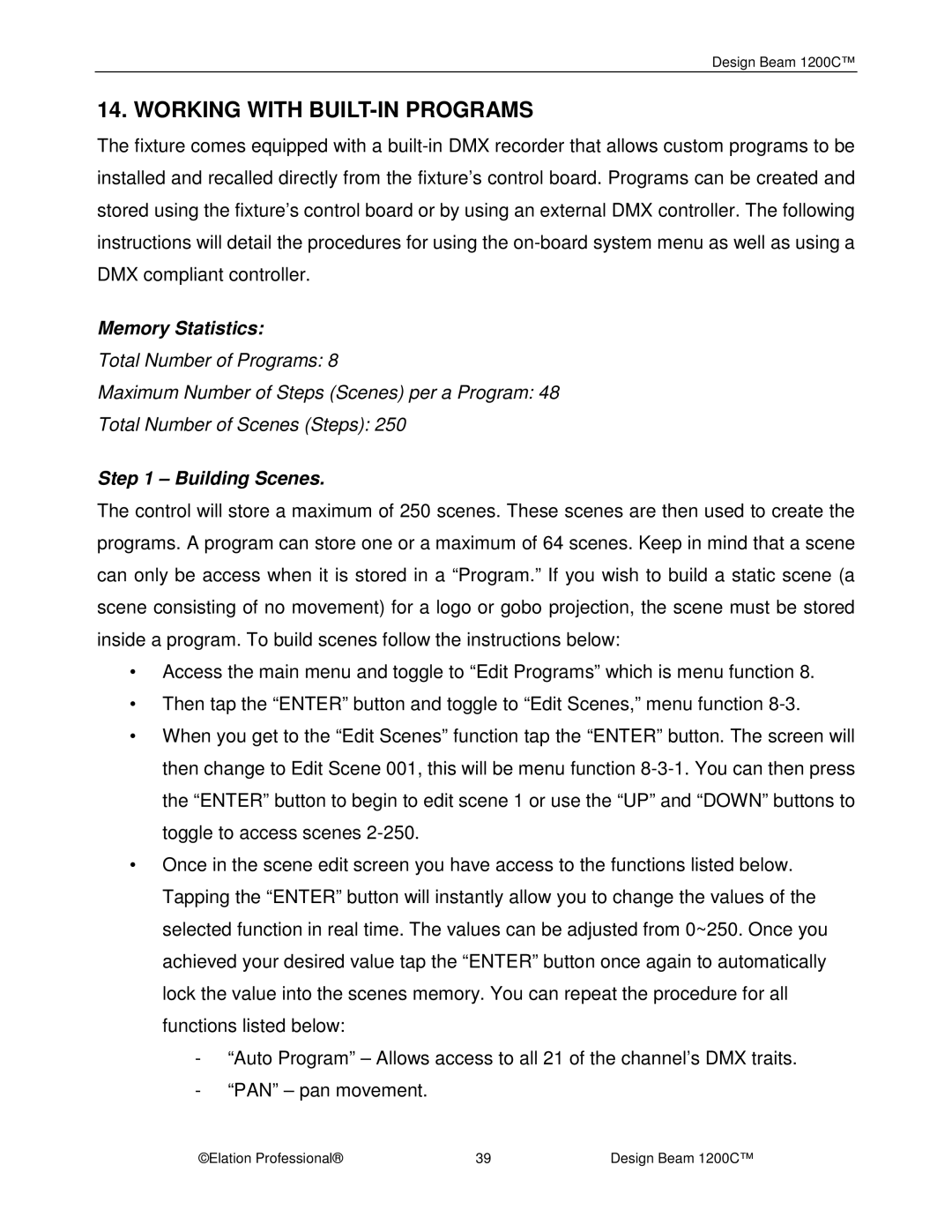 Elation Professional 1200C manual Working with BUILT-IN Programs, Memory Statistics, Building Scenes 