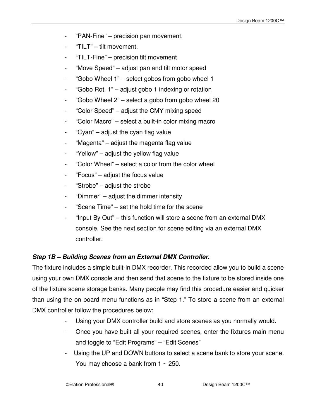 Elation Professional 1200C manual Building Scenes from an External DMX Controller 