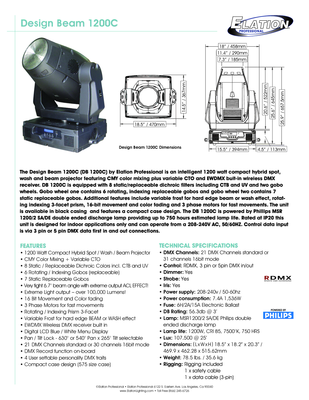 Elation Professional technical specifications Design Beam 1200C, Features Technical Specifications 