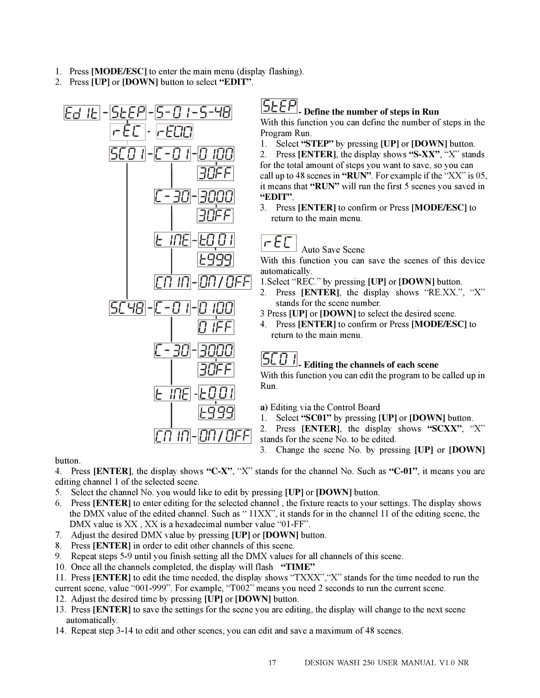 Elation Professional 250 user manual Define the number of steps in Run, Editing the channels of each scene 