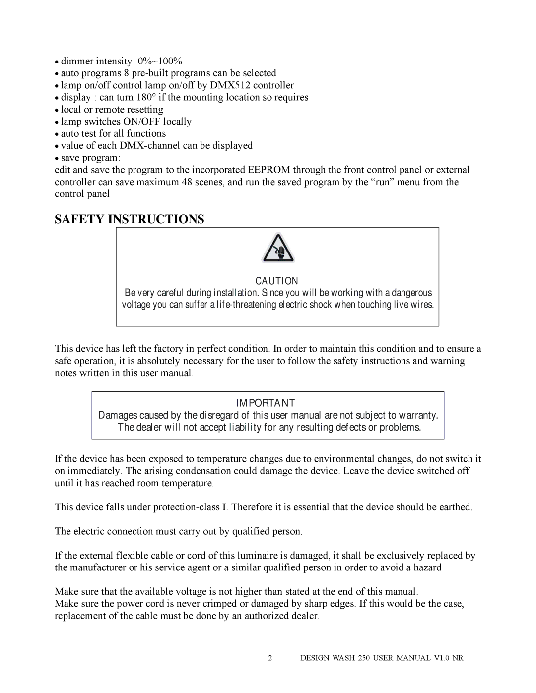 Elation Professional 250 user manual Safety Instructions 