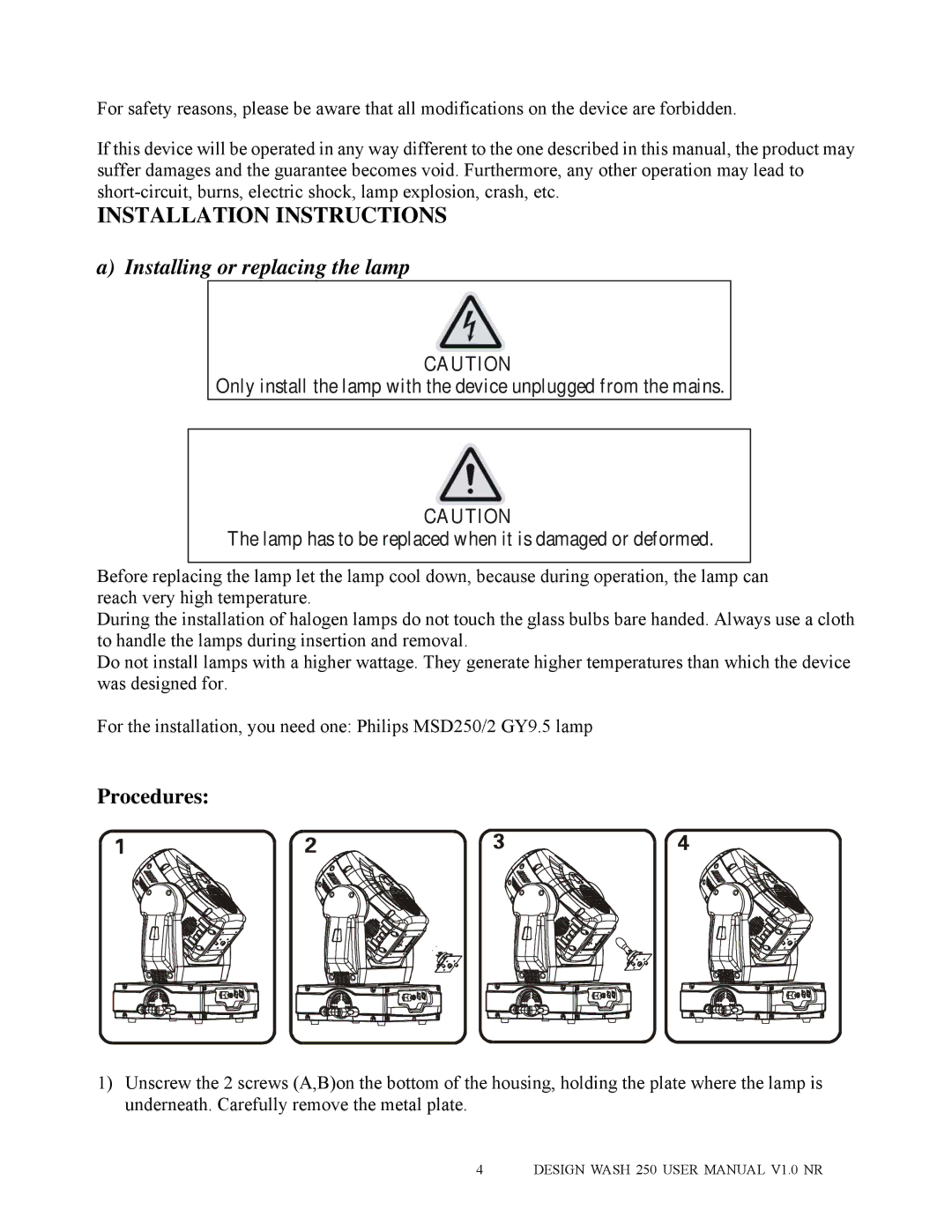 Elation Professional 250 user manual Installation Instructions, Installing or replacing the lamp 