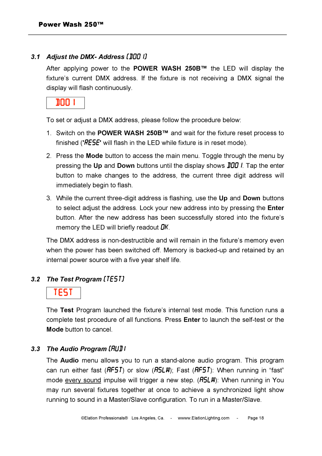 Elation Professional 250B user manual Adjust the DMX- Address D001, Test Program Test, Audio Program Audi 