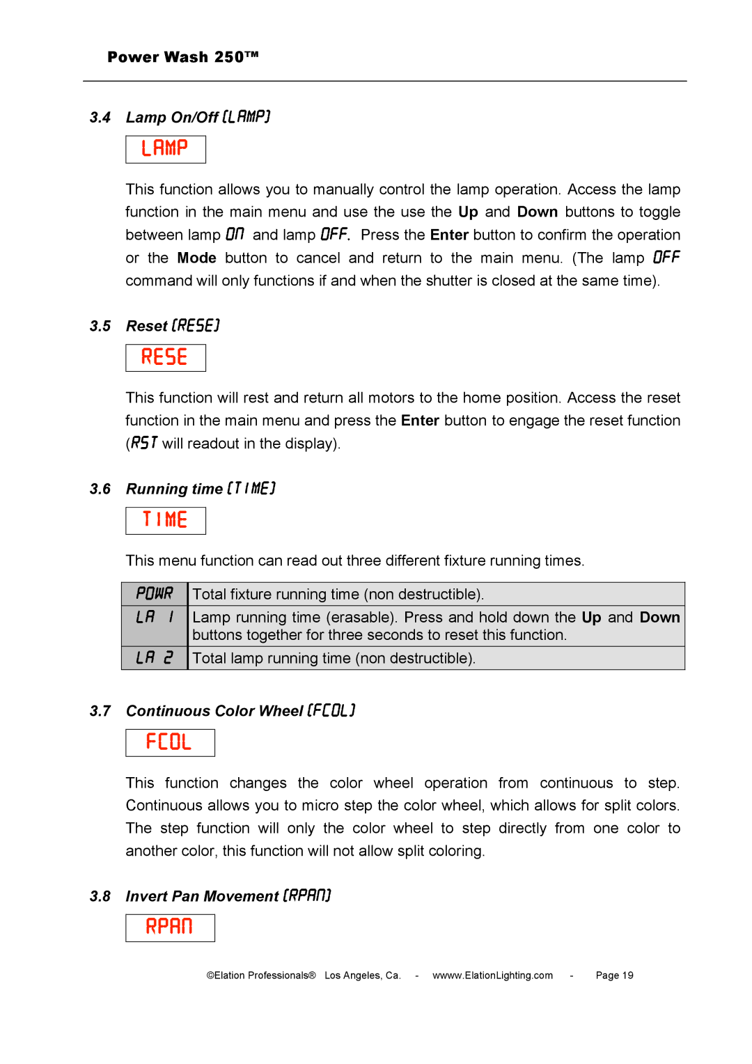 Elation Professional 250B user manual Lamp, Rese, Time, Fcol, Rpan 