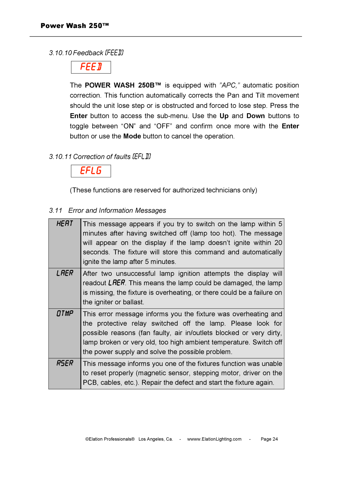 Elation Professional 250B user manual Feed, Eflg 