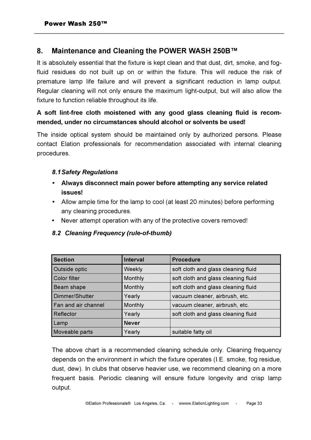 Elation Professional user manual Maintenance and Cleaning the Power Wash 250B, 1Safety Regulations 