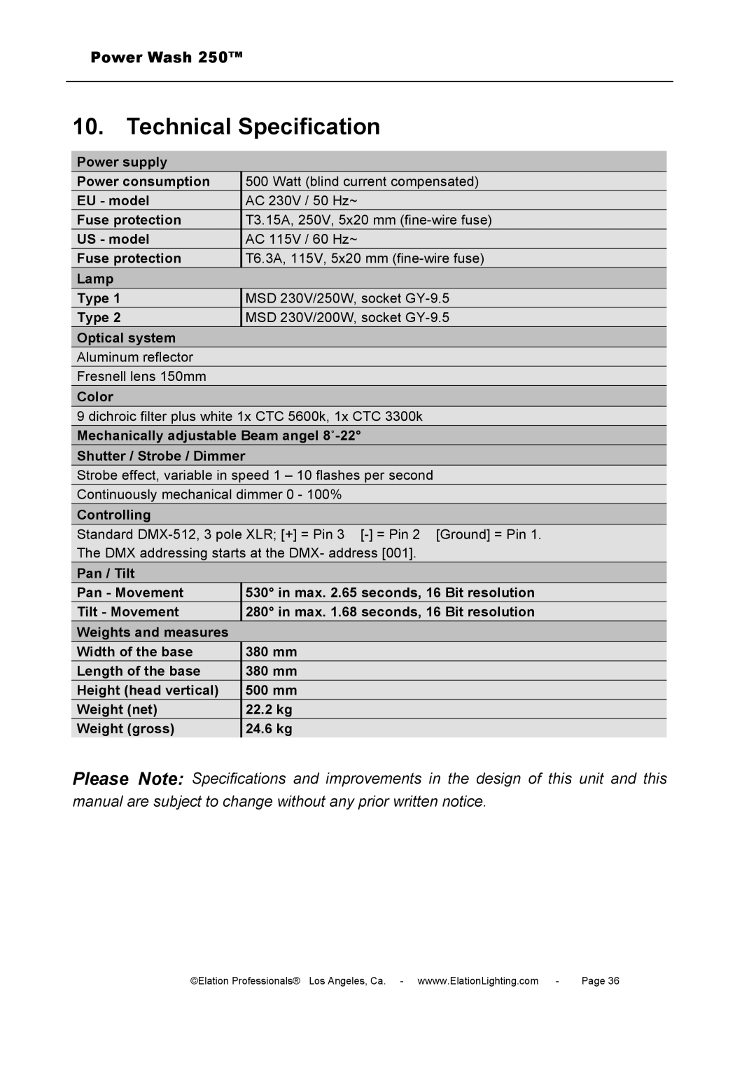 Elation Professional 250B user manual Technical Specification 