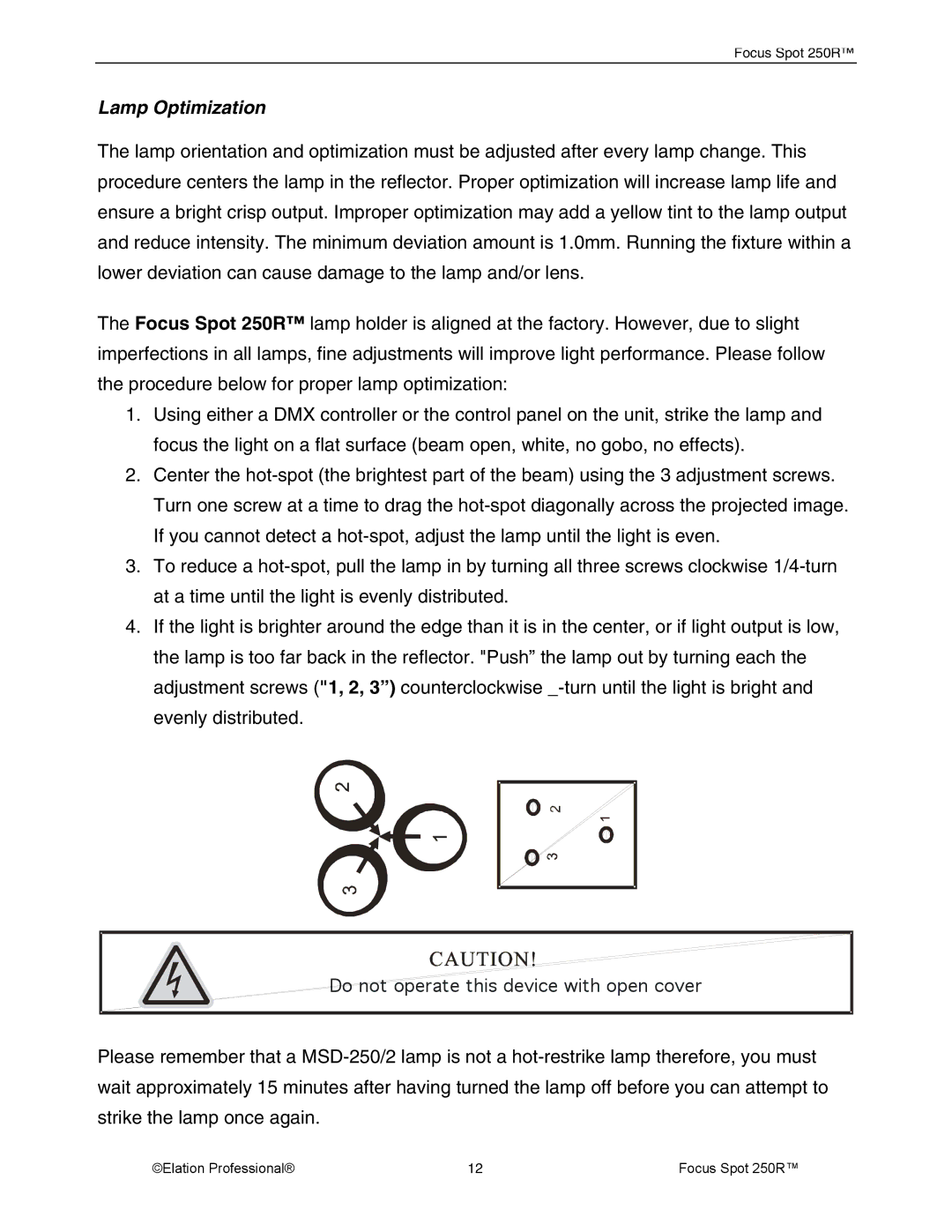 Elation Professional 28, 05 FOCUS SPOT 250R, Rev 10 manual Lamp Optimization 