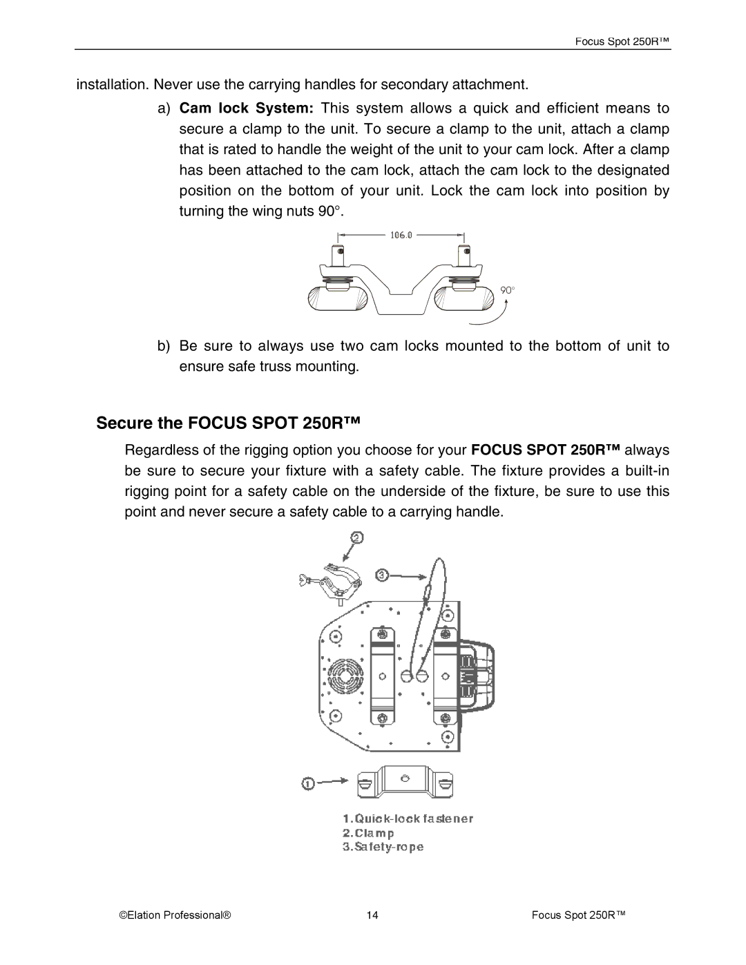 Elation Professional Rev 10, 28, 05 FOCUS SPOT 250R manual Secure the Focus Spot 250R 