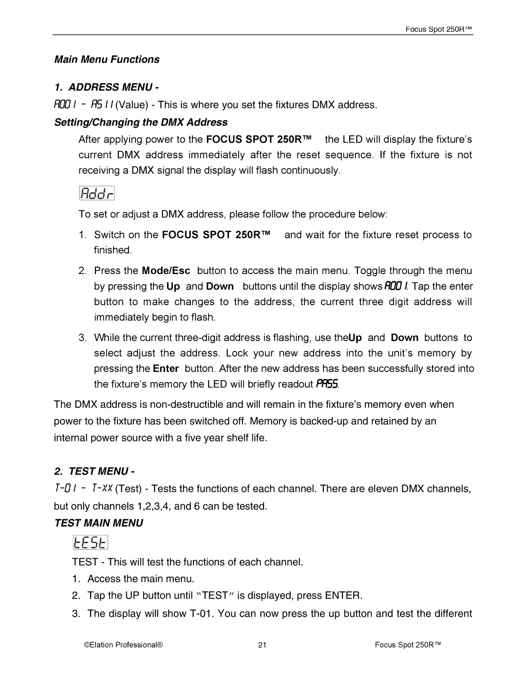 Elation Professional 28 Main Menu Functions, Address Menu, Setting/Changing the DMX Address, Test Menu, Test Main Menu 