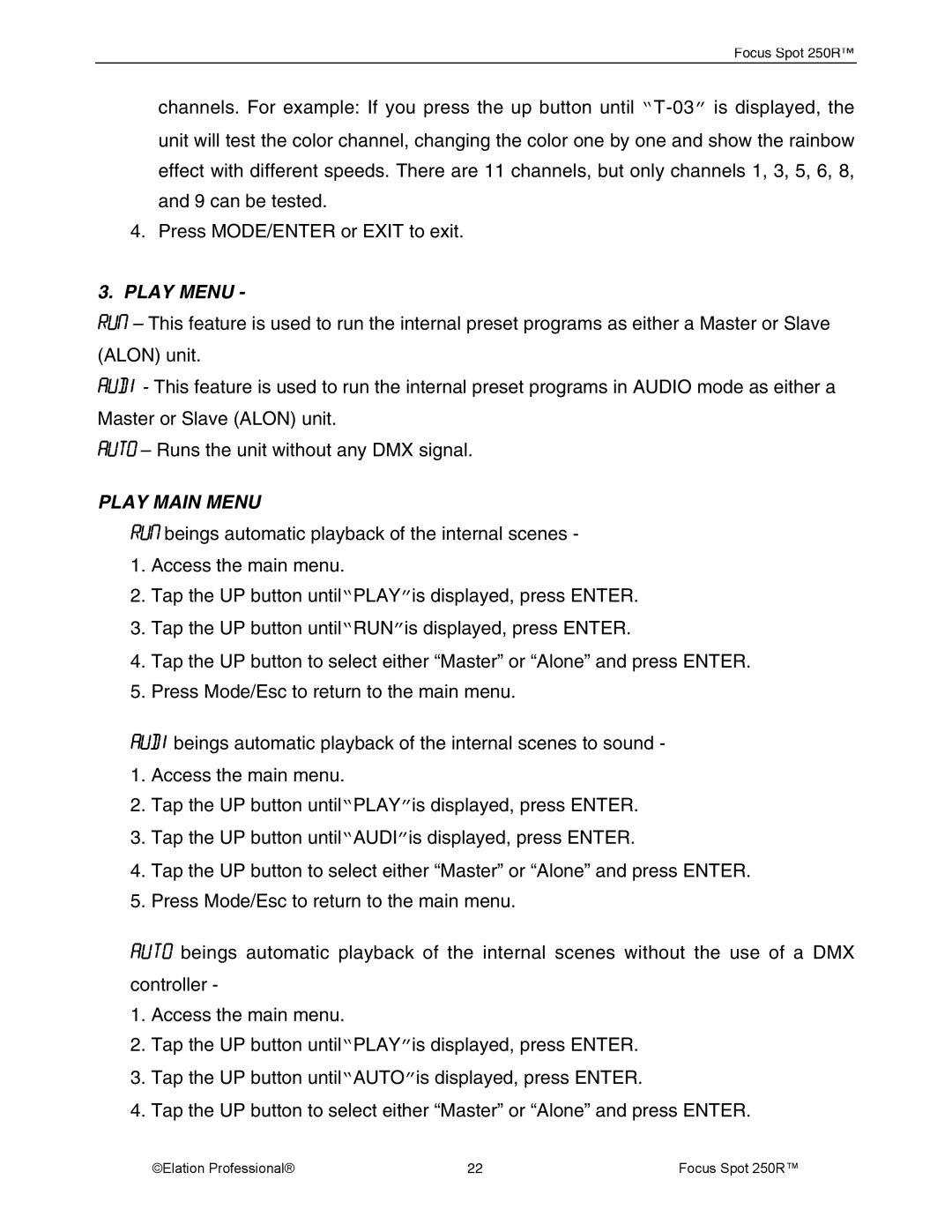 Elation Professional 05 FOCUS SPOT 250R, 28, Rev 10 manual Play Menu, Play Main Menu 