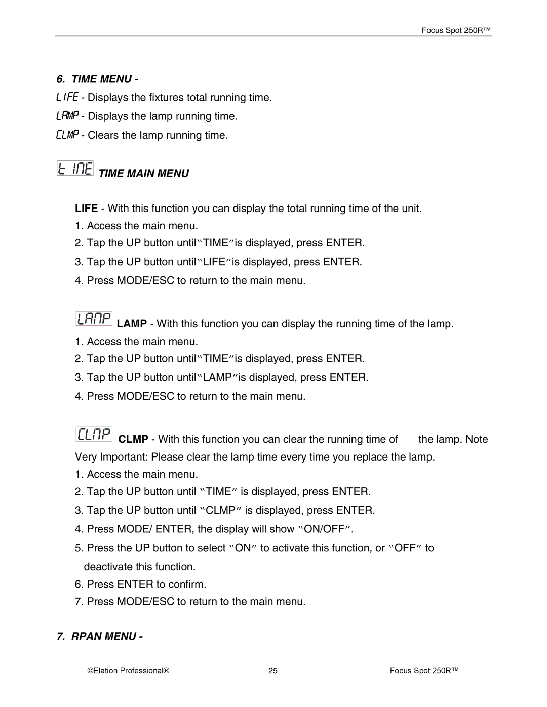 Elation Professional 05 FOCUS SPOT 250R, 28, Rev 10 manual Time Menu, Time Main Menu, Rpan Menu 