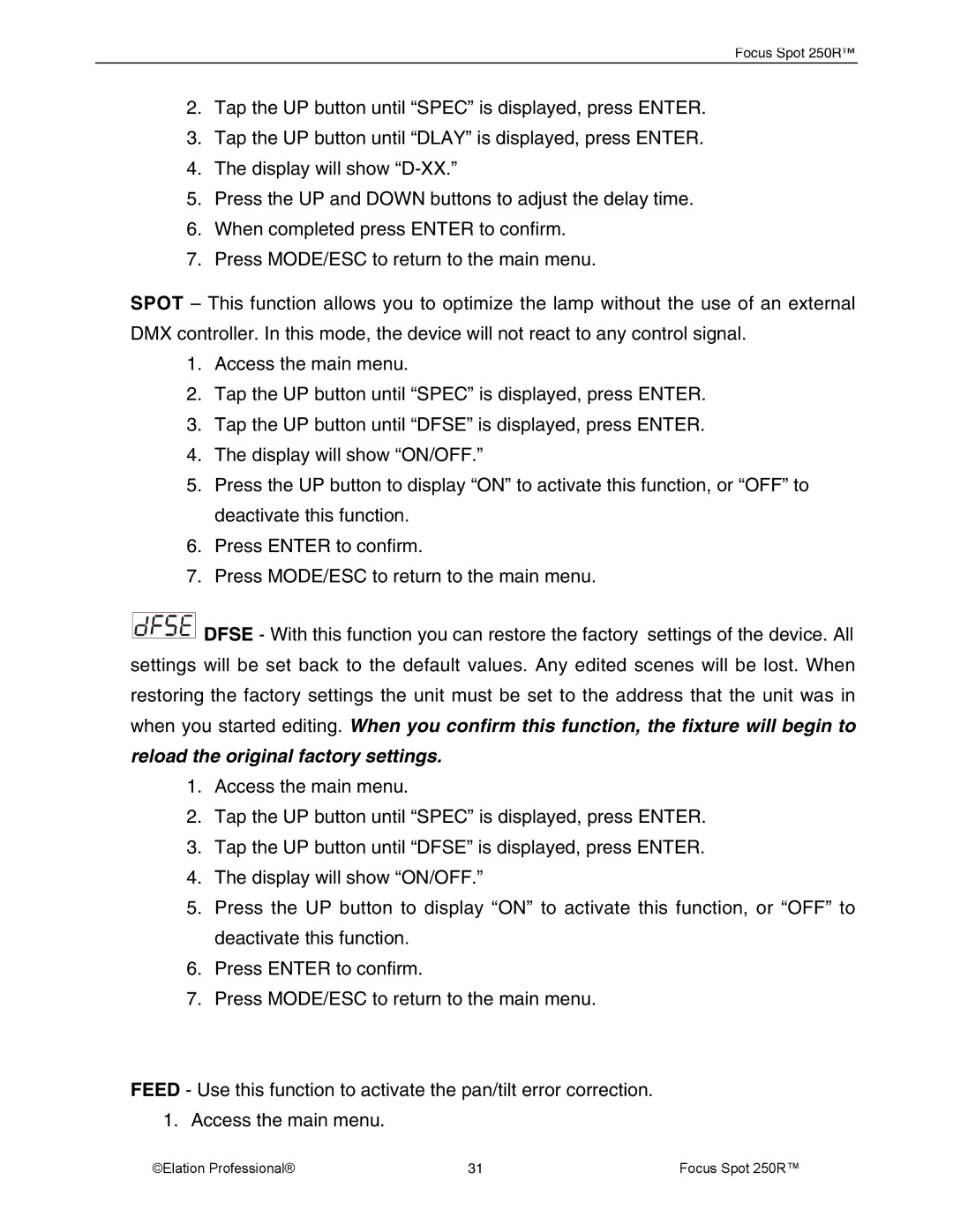 Elation Professional 05 FOCUS SPOT 250R, 28, Rev 10 manual Reload the original factory settings 