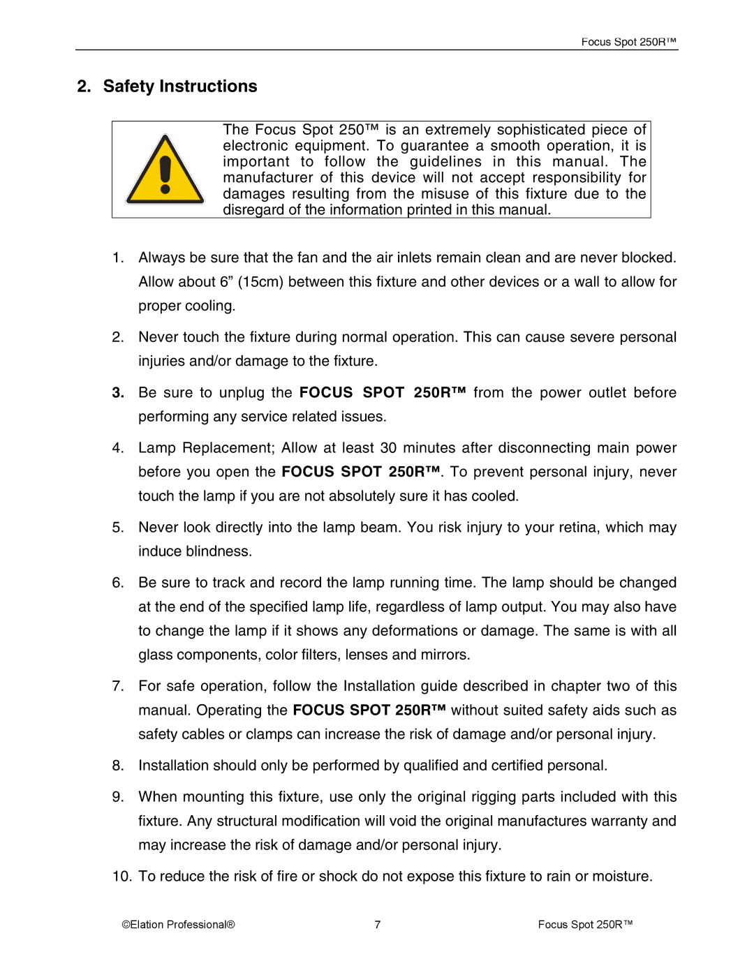 Elation Professional 05 FOCUS SPOT 250R, 28, Rev 10 manual Safety Instructions 