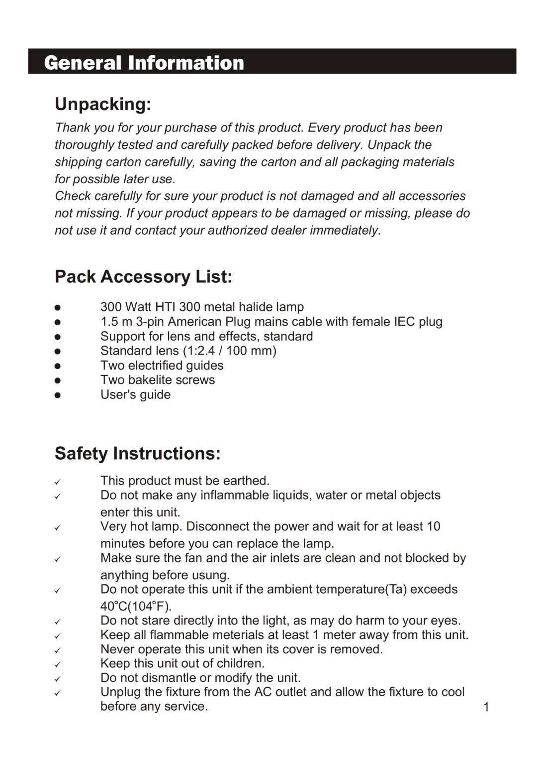 Elation Professional 300 manual General Information, Unpacking 