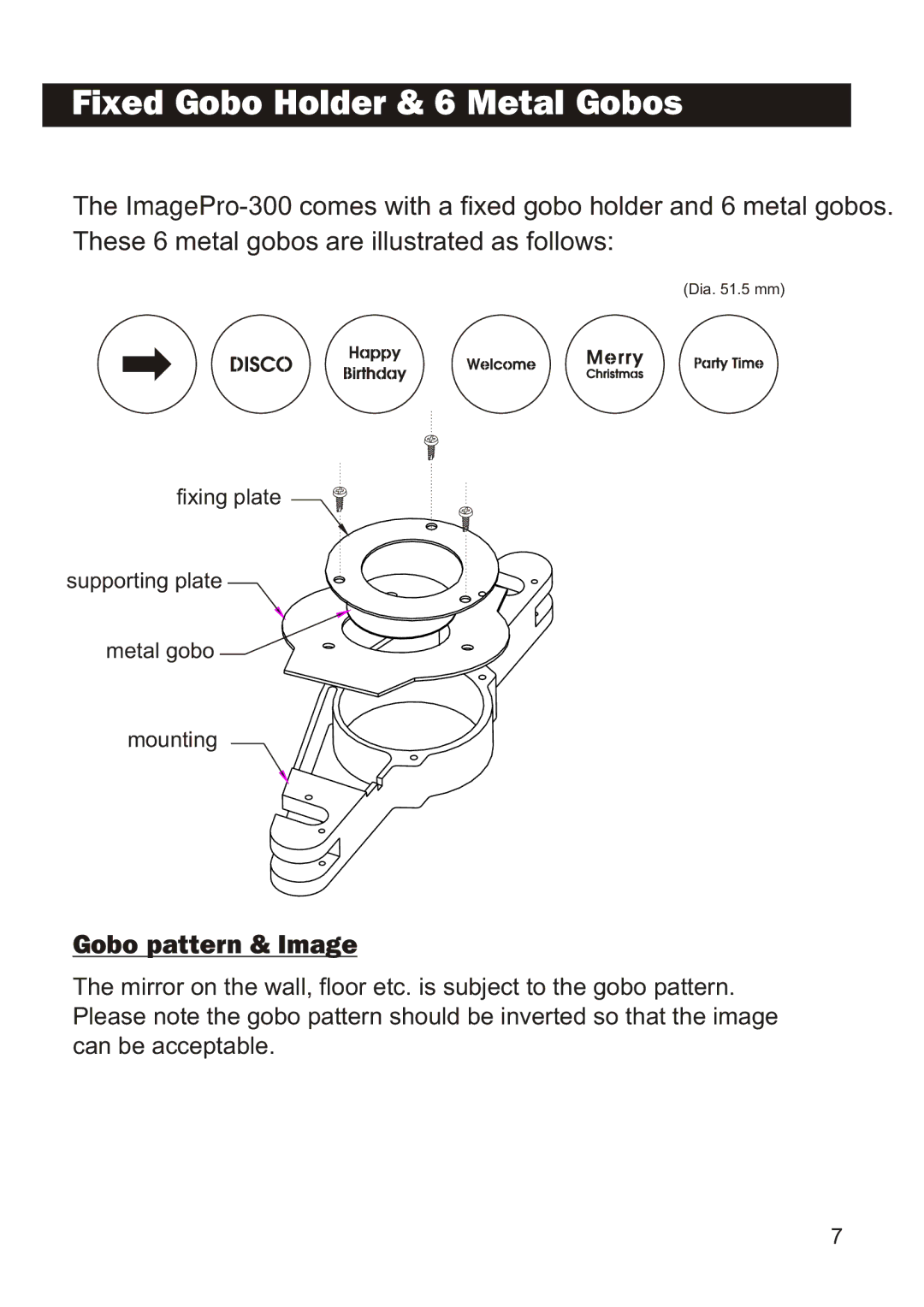 Elation Professional 300 manual Fixed Gobo Holder & 6 Metal Gobos, Gobo pattern & Image 