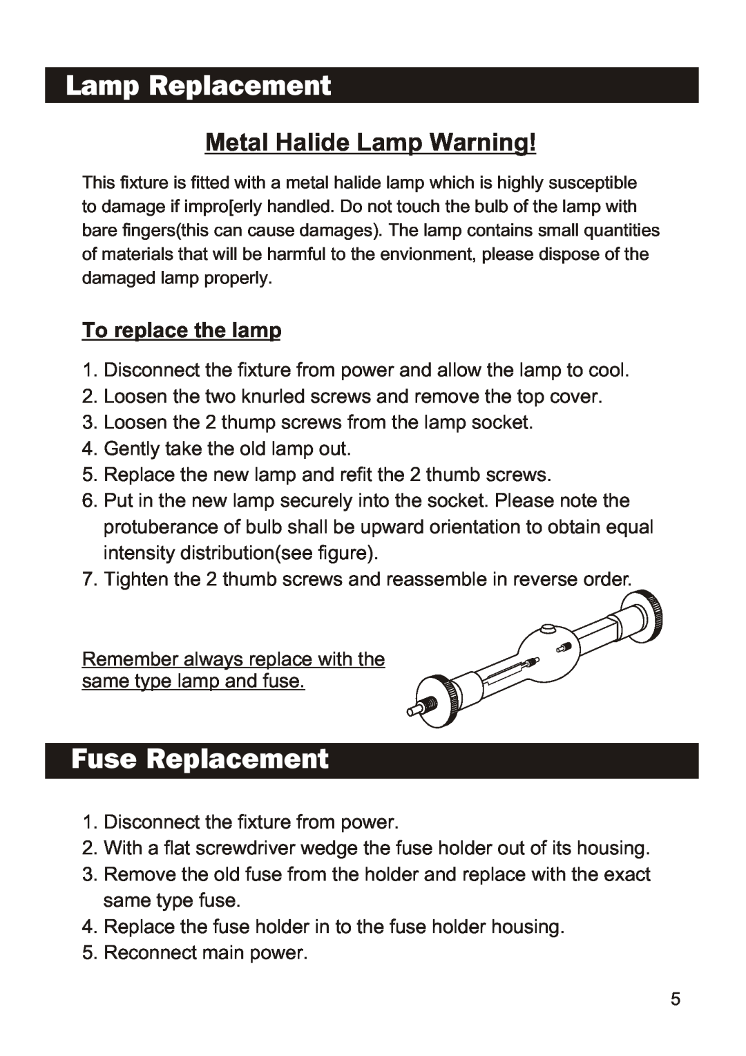 Elation Professional 300 manual Lamp Replacement, Fuse Replacement, Metal Halide Lamp Warning, To replace the lamp 