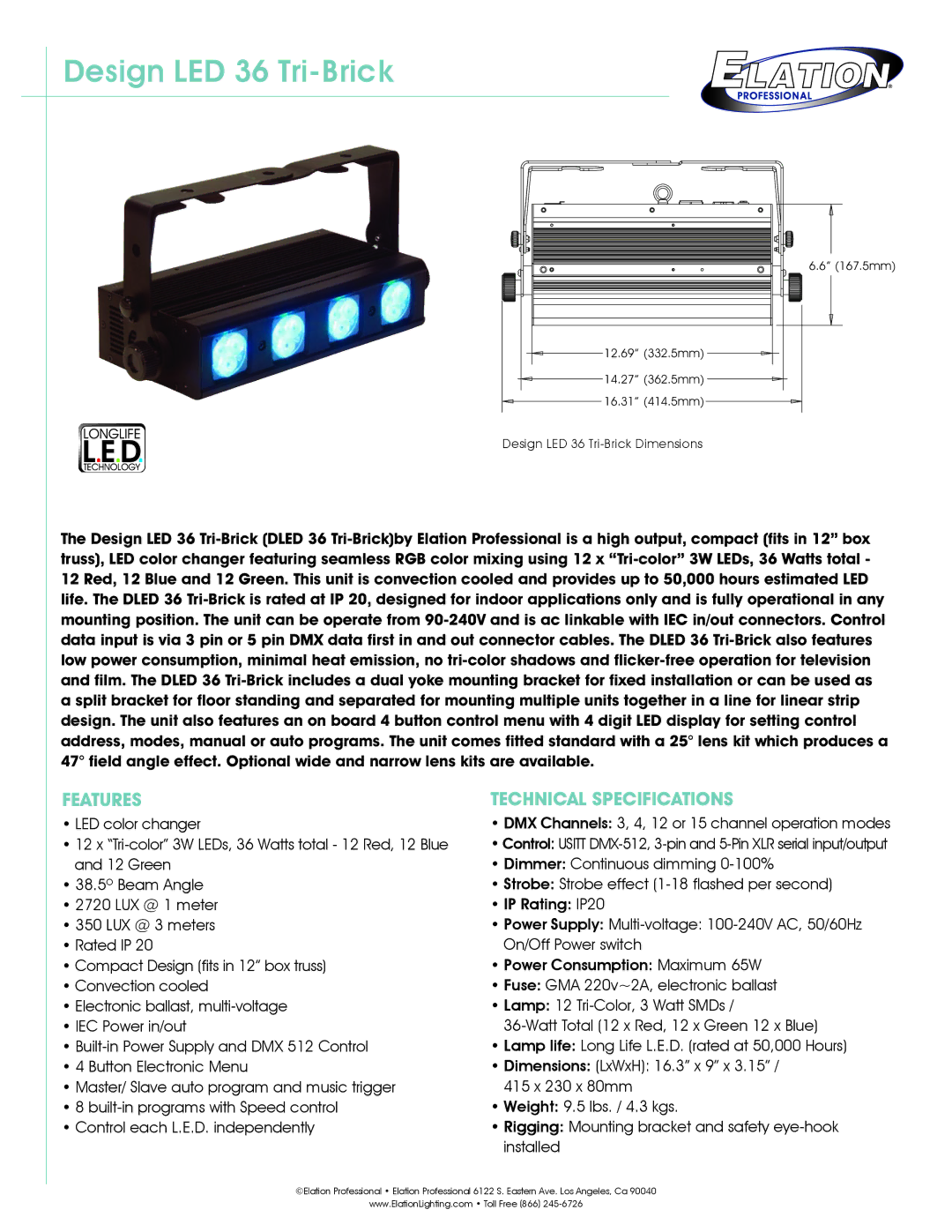 Elation Professional technical specifications Design LED 36 Tri-Brick, Features, Technical Specifications 