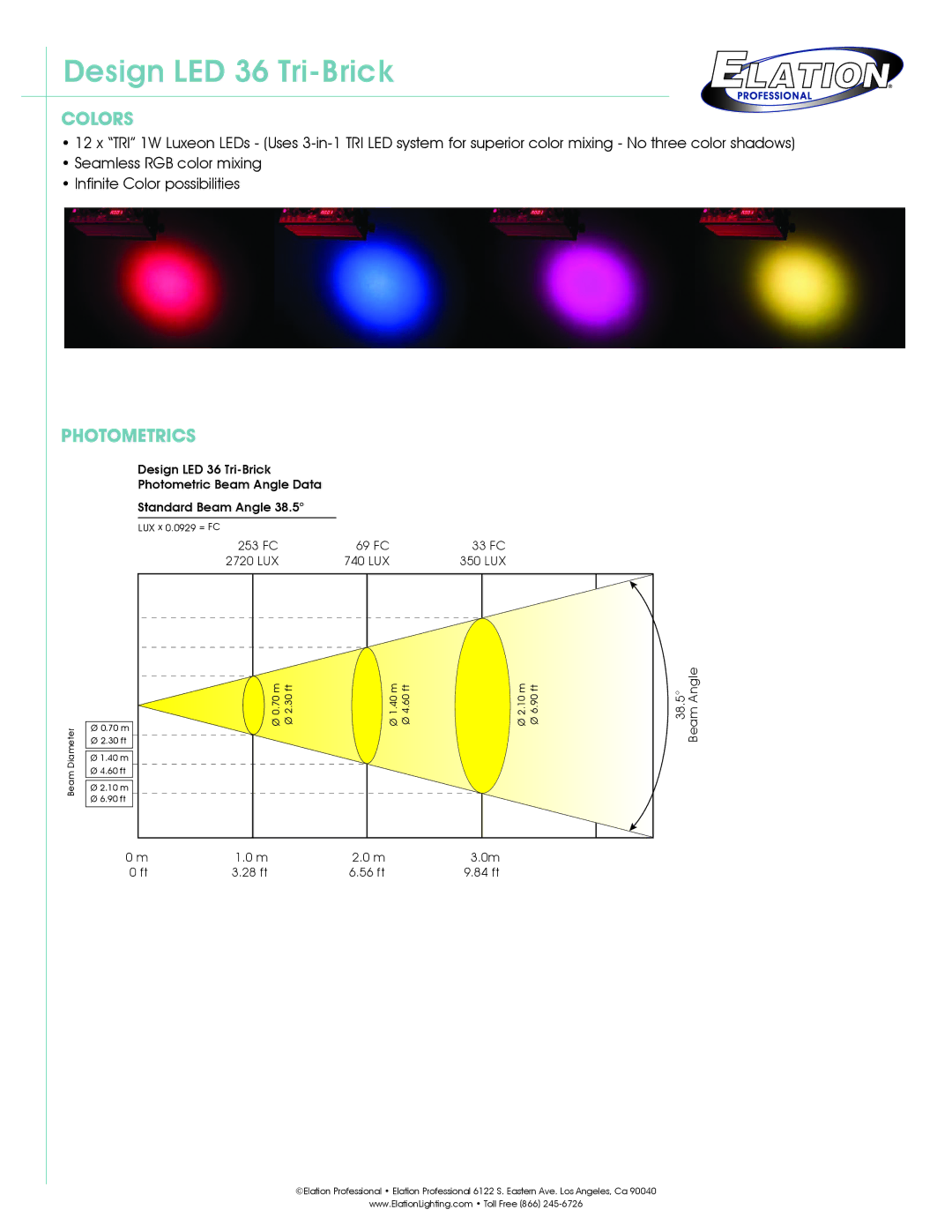 Elation Professional 36 Tri-Brick technical specifications Colors, Photometrics, 253 FC 69 FC 33 FC, 28 ft 56 ft 