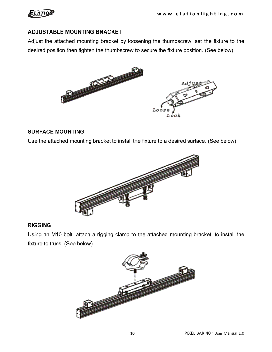 Elation Professional 40 user manual Adjustable Mounting Bracket, Surface Mounting, Rigging 